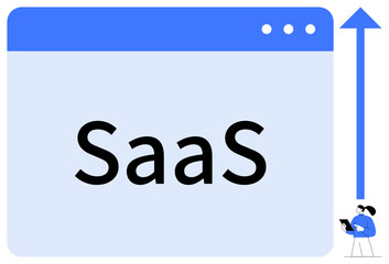 Browser window displaying SaaS text, upward arrow signifying growth, small person analyzing data. Ideal for business, software, growth, technology, strategy, analysis simple landing page