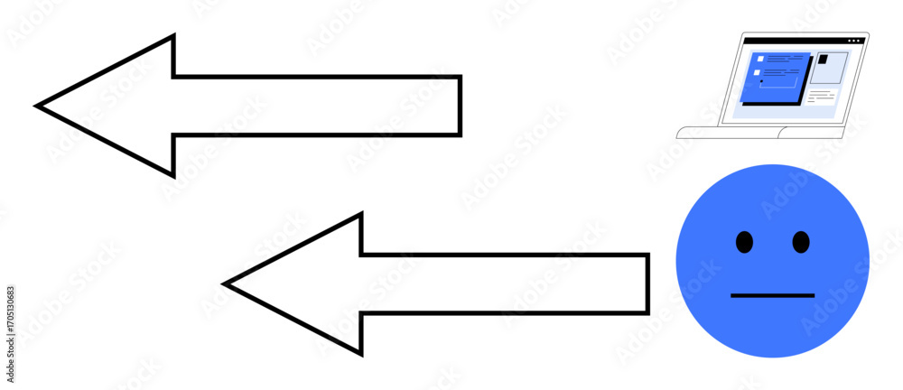 Poster two arrows pointing in opposite directions next to a simple computer screen and neutral face. ideal 