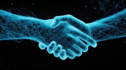 Two glowing wireframe hands shaking in digital agreement on blockchain network - Powered by Adobe