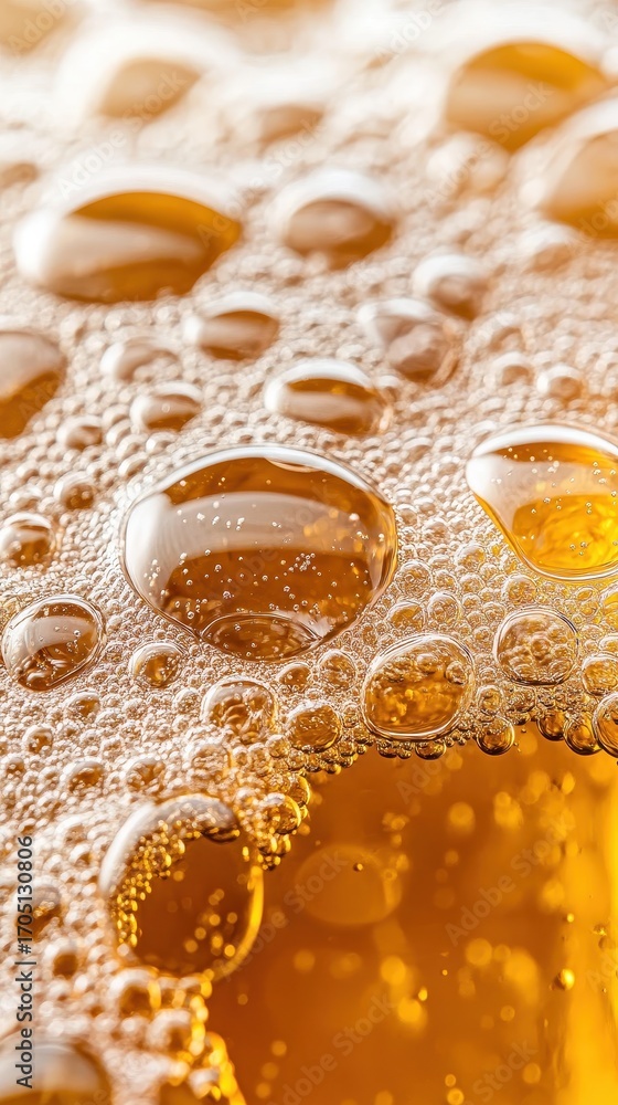 Poster golden liquid surface with bubbles and drops. close up view of craft beverages texture. bubbles floa