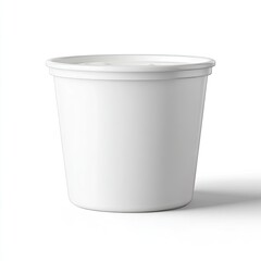 A plain white, cylindrical plastic food container, slightly filled with a creamy substance, sits on a white background, casting a subtle shadow