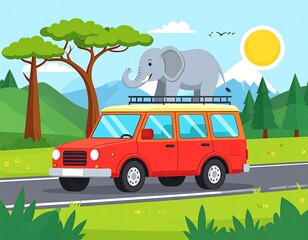 Cartoon elephant on a red car in a landscape