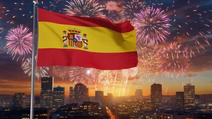 Spanish flag independence day with red-yellow-red horizontal stripes and coat of arms waving over city skyline lit by colorful fireworks at night celebration. - Powered by Adobe