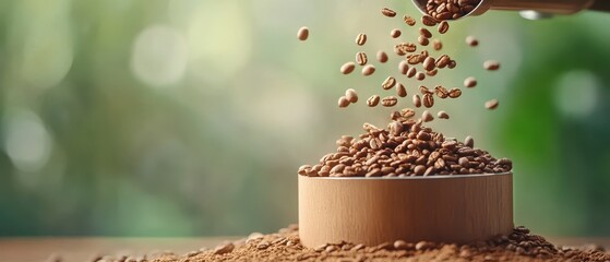 Roasted beans falling into wooden container on table with green blurred backdrop for specialty drinks and craft beverages creation