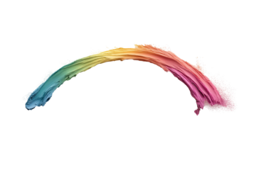 Colorful splash of paint creating a vibrant rainbow arc against a white background.