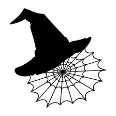 Logo con silueta de sombrero de bruja con tela de araña para tarjetas y felicitaciones de Halloween © teracreonte