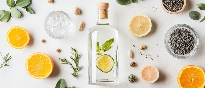 Clear drink in bottle with citrus fruits and herbs on bright surface, offering fresh beverage concept. - Powered by Adobe