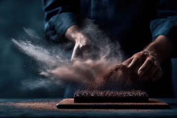 Chocolate Cake Dusting: Hands Sprinkle Cocoa Powder on Dark Dessert