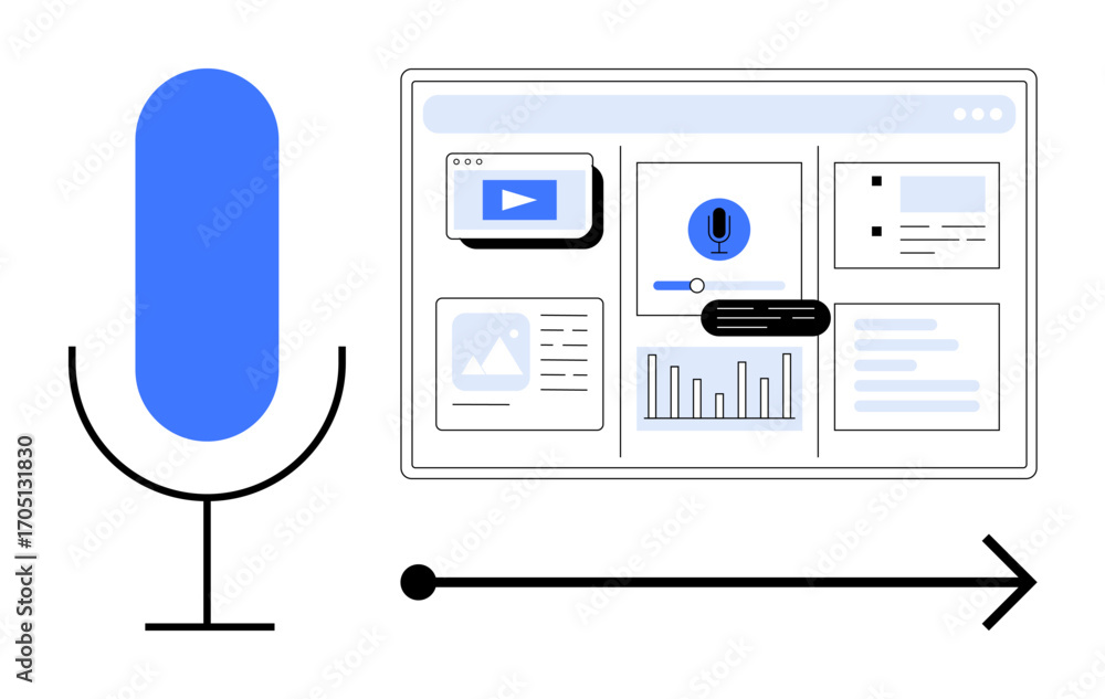 Poster microphone beside dashboard displaying charts, audio controls, and files. ideal for ai, machine lear