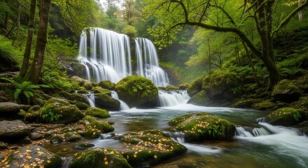Serene Waterfall Cascading Through Lush Forest.