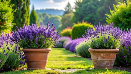 Sunny garden path lined with blooming lavender pots, leading to a soft-focused, green, and hilly background