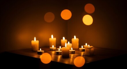 Glowing candles illuminate a wooden surface with bokeh orb effects
