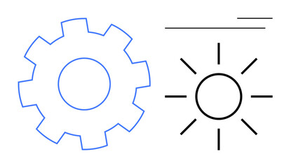Gear and sun symbol with simple lines suggesting ideas of technology, sustainability, energy, progress, innovation, efficiency, productivity. Ideal for engineering, environment or simple flat