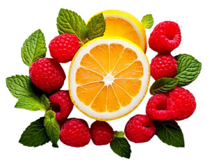 Fresh Raspberries and Lemon Slices with Mint, Transparent Background