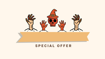 Halloween special offer banner with zombie hands skull
