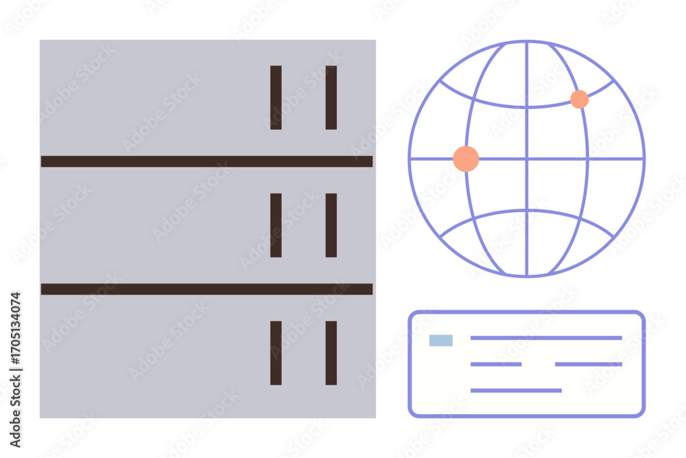 Poster data servers with three storage units, a globe with connection points, and a digital interface. idea
