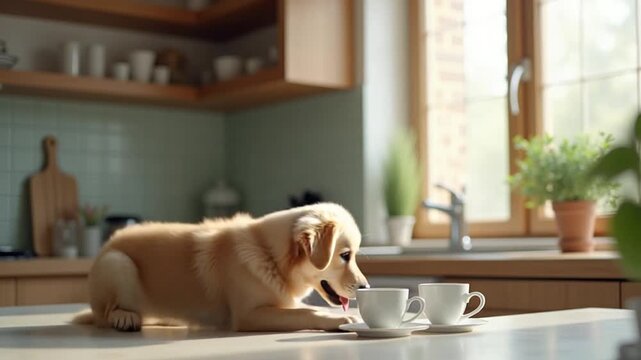 Begin your day peacefully, sipping coffee and enjoying a pet in a modern kitchen