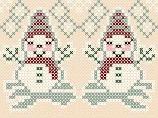 Christmas seamless pattern A smiling snowman in cross-stitch design, wearing a red scarf and hat, decorated with snowflakes for a joyful winter theme.