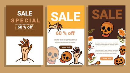 Halloween sale posters skull zombie hand spooky promotion