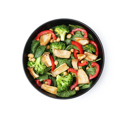 Tasty salad with eryngium mushrooms, chickpeas, vegetables and spinach in bowl isolated on white, top view
