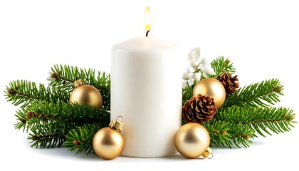 Christmas candle with ornaments and greenery