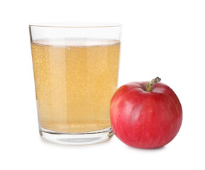 Tasty cider in glass and fresh apple isolated on white