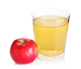 Tasty cider in glass and fresh apple isolated on white