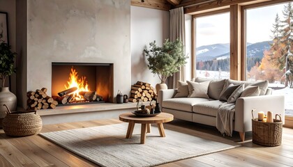 Fototapeta premium Cozy fireplace with burning wood logs, warm home interior scene