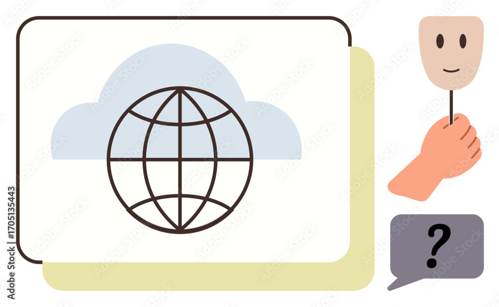 Poster globe inside a cloud, hand holding a smiling mask, and speech bubble with question mark. ideal for t
