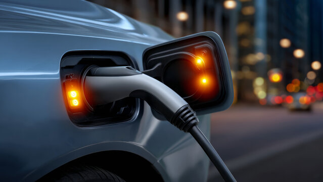 Electric car charging station with plug connected to vehicle at night showing glowing indicator lights as automakers push ev sales before tax credit expires