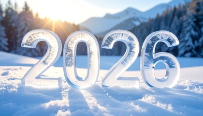 Sparkling icy numerals "2026" on a snowy landscape, mountain backdrop, with sunshine