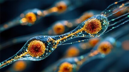 A vibrant 3D rendering of glowing biological cells in motion, showcasing intricate membrane structures and cellular dynamics.