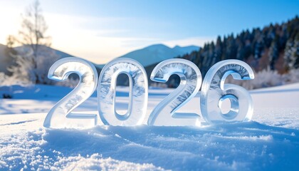 Sparkling ice numerals "2026" sit in snowy terrain with mountains and frosted trees under a bright winter sun