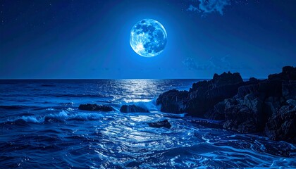 Night scene of a moonlit ocean, waves crashing against a rocky shore. The moon's reflection shimmers on the water