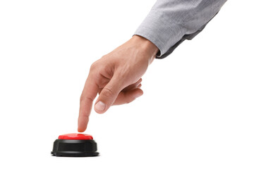Man pressing button on white background, closeup