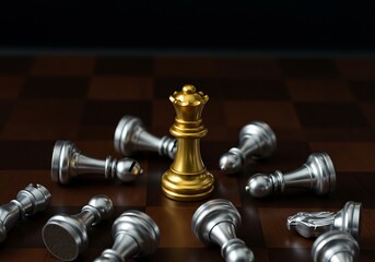 Golden Queen Triumphs Over Fallen Opponents on Chessboard. Generative Ai