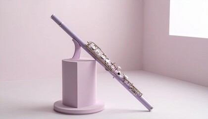 Pastel purple flute with metallic keys resting diagonally on matching pedestal, set in soft light purple room with window, creating a monochromatic artistic composition.