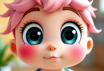 Obraz premium Large expressive eyes, rosy cheeks, small nose, tiny mouth, chibi style, drawing, pink