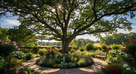 Sunlight filters through the canopy of a grand old tree, illuminating a lush garden filled with colorful flowers and winding paths, creating a tranquil and enchanting outdoor space