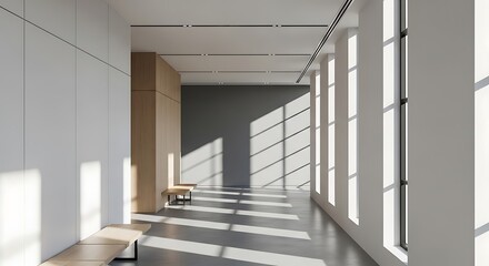 Sunlit interior scene of a minimalist museum hall with bench seating