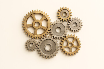 Collection of vintage brass and metal gears arranged in a scattered pattern on a light background