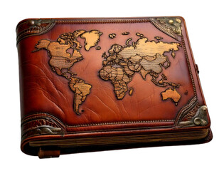 Vintage Leather-Bound Journal with World Map, Transparent Background