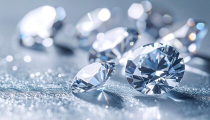 Sparkling, radiant, and brilliant gemstones, scattered across a textured, glittery surface. The gems shimmer with light and clarity