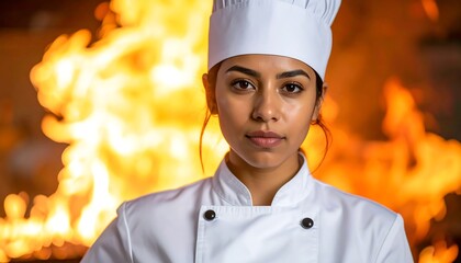 Young Female Chef in Uniform Standing in Front of Intense Flames.