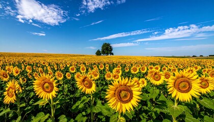 Vibrant sunflower field under a bright blue sky with distant trees on the horizon.