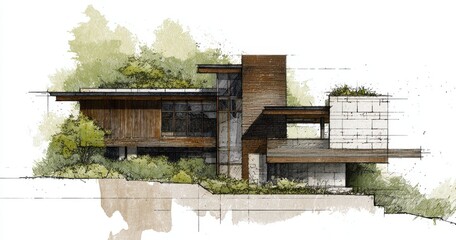 A detailed architectural drawing of the exterior front elevation for an eco-friendly modern home, with wood slats and metal mesh walls