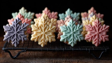 Colorful snowflake cookies cooling on a wire rack