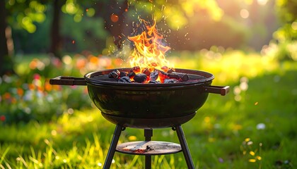 Charcoal grill with sparks and flames, outdoor summer cooking concept
