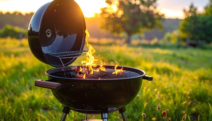 Charcoal grill with sparks and flames, outdoor summer cooking concept