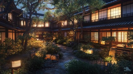 Serene Japanese Courtyard at Night